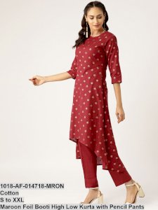 MAROON FOIL BOOTI HIGH LOW KURTA WITH PENCIL PANTS