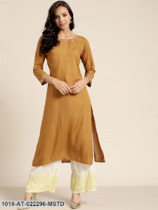 Mustard Neck Zari Embroidered Liva Kurta