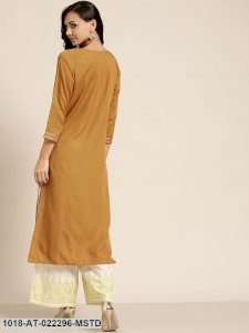 Mustard Neck Zari Embroidered Liva Kurta