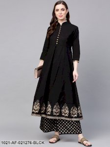 Black & Gold-Toned Solid Kurta with Palazzos