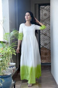 GREEN COTTON SCHIFFLI OMBRE DRESS