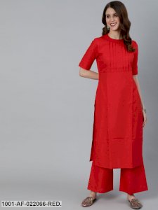 Red Solid Straight Kurta With Palazzo Set