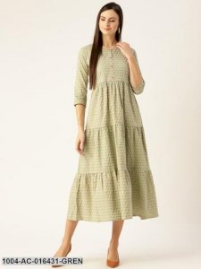 Green Ethnic Motifs Printed Round Neck Cotton Maxi Dress
