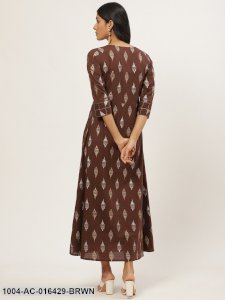 Brown Ethnic Motifs Printed Round Neck Cotton Fit and Flare Dress