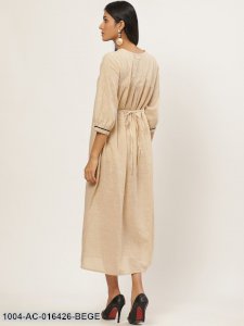 Beige Solid Solid V-Neck Cotton A-Line Dress