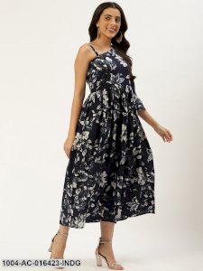 Indigo Blue Floral Printed One Shoulder Cotton A-Line Dress