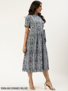 Blue Ethnic Motifs Printed High-neck Cotton A-Line Dress