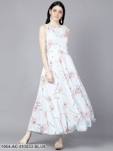 Powder Blue Floral Printed Round Neck Fit and Flare Dress
