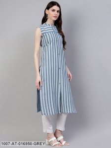 Striped Cotton Straight Kurta (Grey)