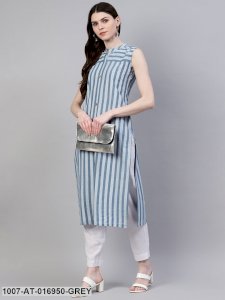 Striped Cotton Straight Kurta (Grey)