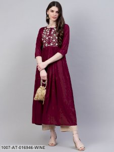 Embroidered Rayon Flared Kurta (Wine)
