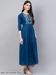 Embroidered Rayon Flared Kurta (Teal Blue)