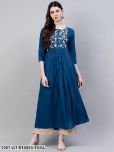 Embroidered Rayon Flared Kurta (Teal Blue)