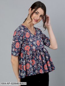 Navy Blue & Red Floral Printed Flared Sleeves Pure Cotton A-Line Top