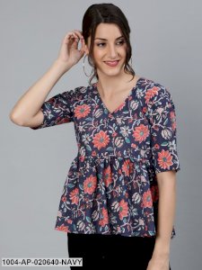 Navy Blue & Red Floral Printed Flared Sleeves Pure Cotton A-Line Top