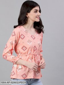 Peach-Coloured Printed Cinched Waist Top