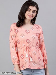 Peach-Coloured Printed Cinched Waist Top