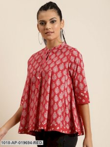 Red Floral Box Pleat Top