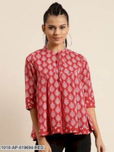 Red Floral Box Pleat Top