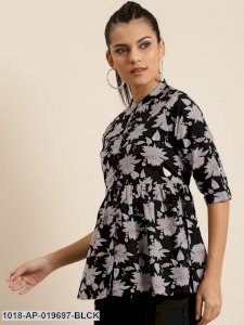 Black Floral Front Button Gathered Top