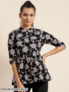 Black Floral Front Button Gathered Top