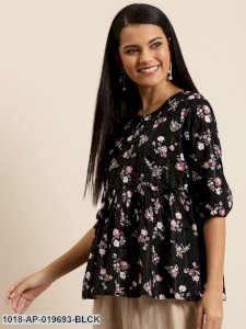 Black Floral Front Keyhole Peplum Top