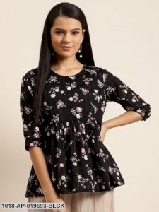 Black Floral Front Keyhole Peplum Top