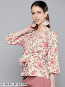 Beige & Red Floral Front Knot Top