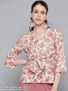 Beige & Red Floral Front Knot Top