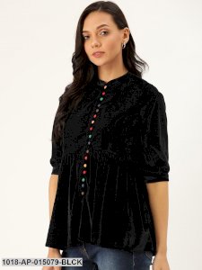 Black Velvet Front Button Gathered Top