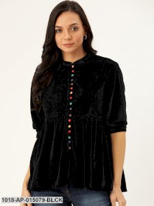 Black Velvet Front Button Gathered Top