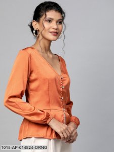 Orange Front Button Peplum Satin Top