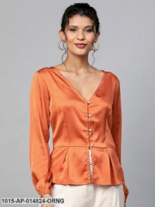 Orange Front Button Peplum Satin Top