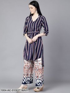 Navy Blue Striped Striped Mandarin Collar A-Line Dress