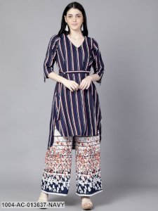 Navy Blue Striped Striped Mandarin Collar A-Line Dress