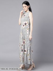 Black (Multi) Floral Printed Round Neck Fit and Flare Dress