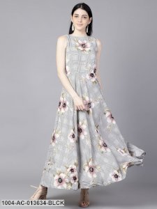 Black (Multi) Floral Printed Round Neck Fit and Flare Dress