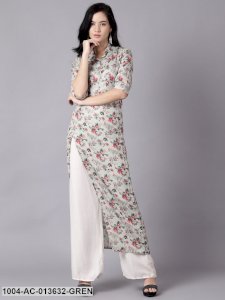 Green Floral Printed Shirt Collar A-Line Dress