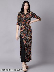 Black Conversational Printed Shirt Collar A-Line Dress