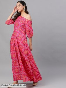 Pink & Orange Bandhani Printed One Shoulder Flared Maxi