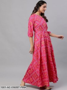 Pink & Orange Bandhani Printed One Shoulder Flared Maxi