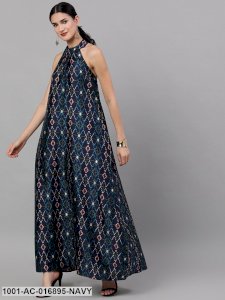 Navy Blue Printed Flared Maxi