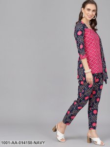 Navy Blue & Magenta Bandhni Jacket Palazzo Set