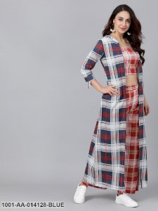 Checked Crop Top Palazzo Set With Jacket