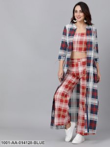 Checked Crop Top Palazzo Set With Jacket