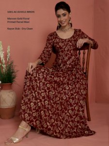 Maroon Gold Floral Printed Flared Maxi