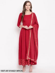 Gold Print Rayon Flared Kurta Dupatta Set (Maroon)