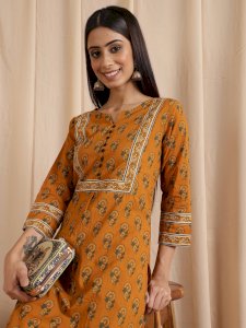Mustard Printed Straight Kurta