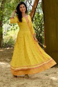 EMBROIDERED RAYON SLUB LONG DRESS- YELLOW