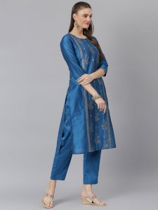 Women Gold Printed Poly Silk Straight Kurta Pant Set